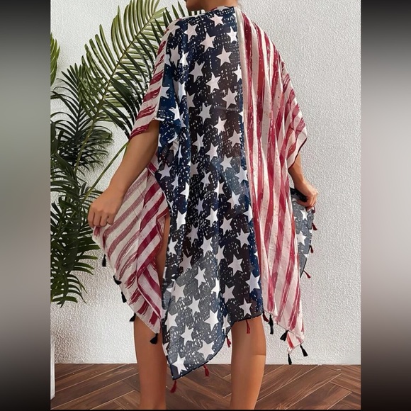 New America Print Boho Tassel Trim Contrast Red Blue Stripe Kimono Swim Cover Up - Picture 8 of 16